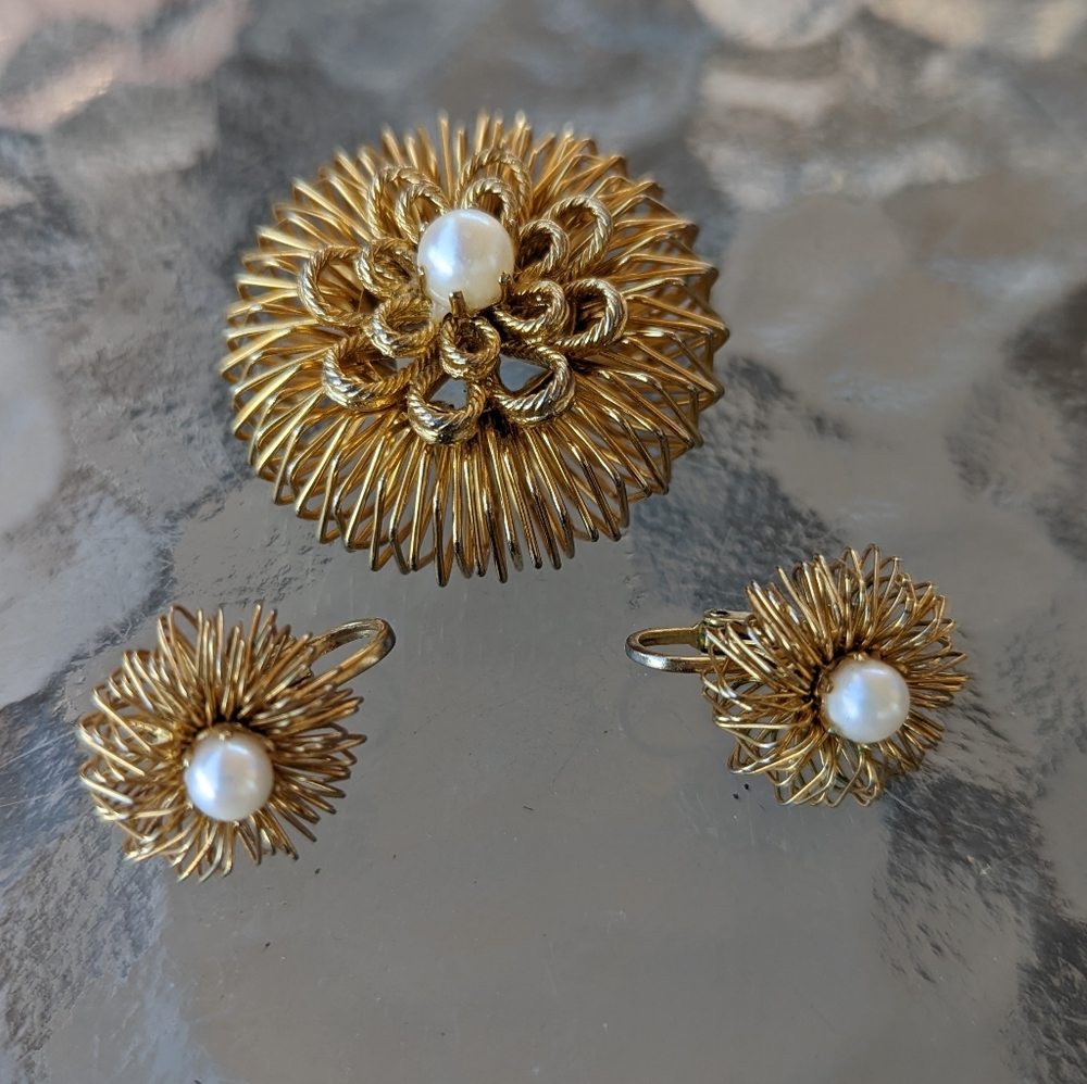 Authentic pearl clip ons and brooch
